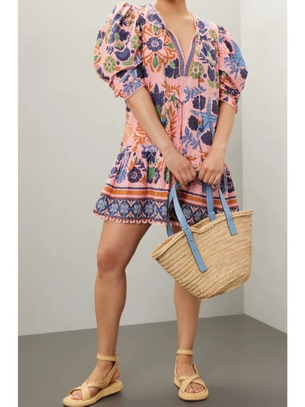FARM Rio 100% Cotton Pink Seashell Tapestry Print Puff Sleeve Mini-Dress X-Large